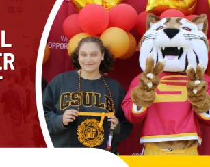 National Transfer Student Week alongside photo of students with mascot