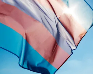 Transgender flag in front of blue sky